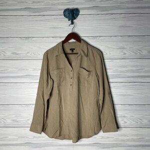 Talbots Beige Khaki Chambray Button Down Pocket Front Blouse Top Shirt Large